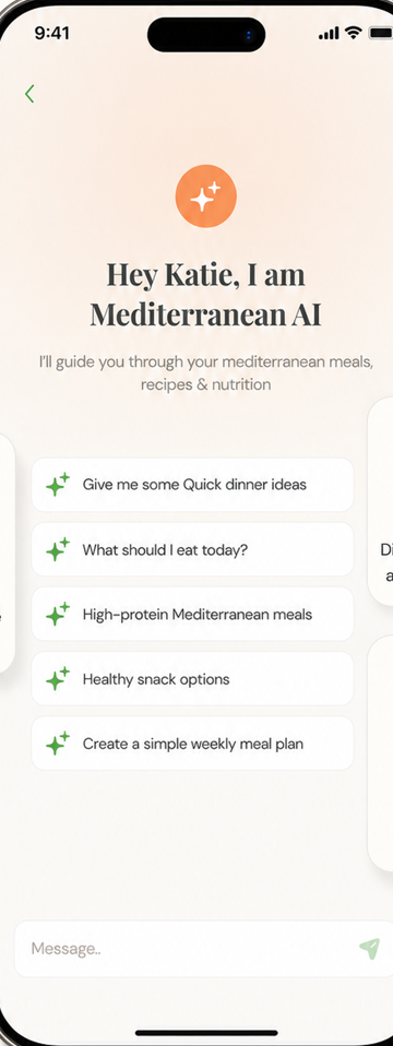 The AI nutrition coach chat screen with suggested questions about meals and snacks