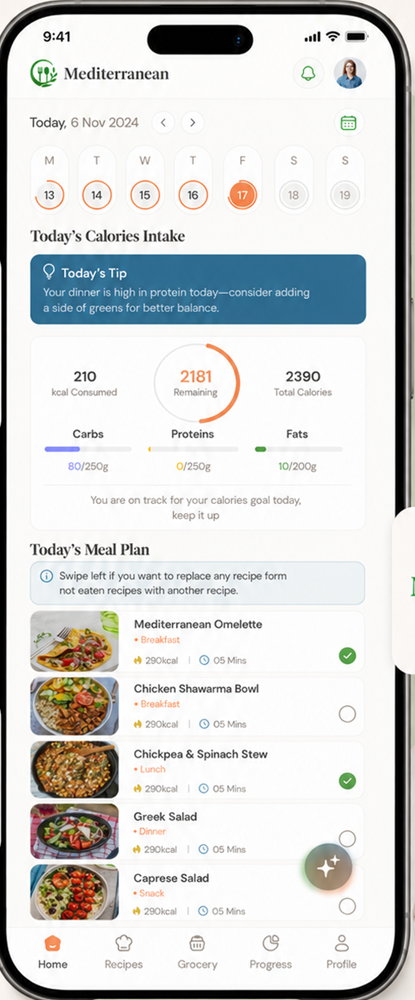 The app's home screen showing today's calorie intake and the day's Mediterranean meal plan