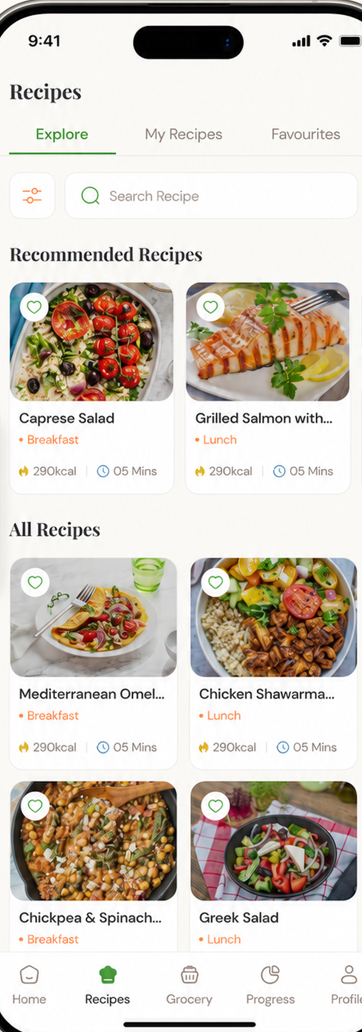 The recipes screen with recommended Mediterranean recipes and search filters